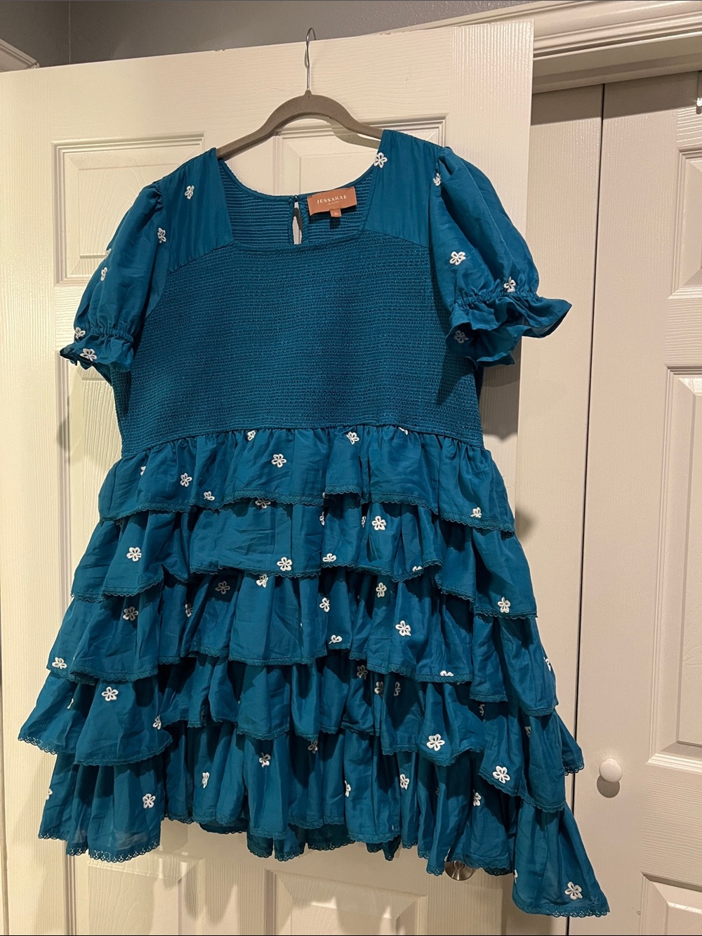 JessaKae 3X Teal Tiered Ruffle Dress with White Floral Embroidery
